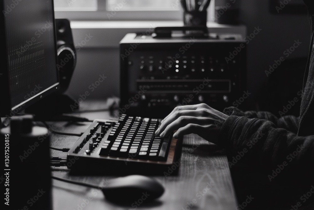 Aufkleber working at a computer in a dimly lit room generative ai
