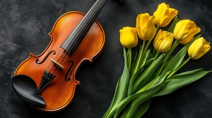 Violin on black background and bouquet of yellow tulips 