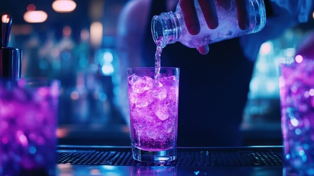 Bartender pouring vibrant cocktail at a neon-lit bar