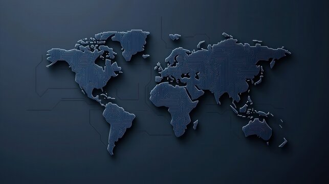 Fototapeta healthcare industry treatment global concept. Abstract world map with circuit patterns on a dark background.