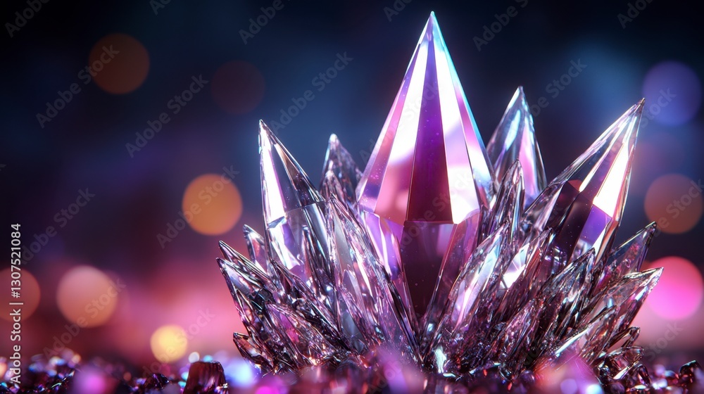 Poster close up view of a vibrant purple and pink crystal cluster with sharp points, set against a blurred 