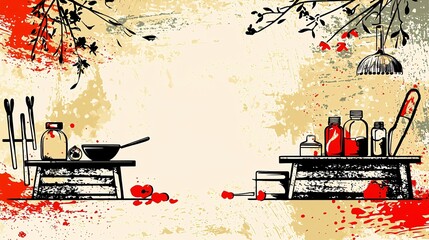 historical illustration of a 19th-century apothecary preparing morphine from opium poppies, with vintage tools and bottles in the background. Copy space. historical apothecary, 19th-century 