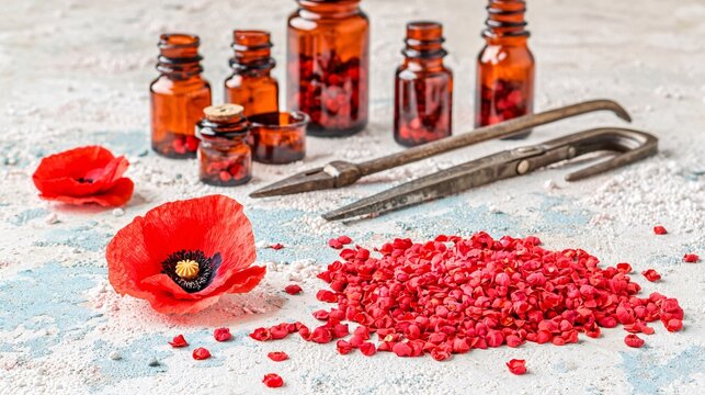 historical illustration of a 19th-century apothecary preparing morphine from opium poppies, with vintage tools and bottles in the background. Copy space. historical apothecary, 19th-century 
