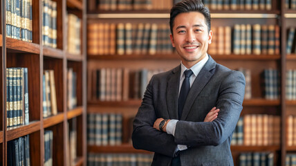 Confident Asian businessman lawyer stands with arms crossed in elegant law library during daytime