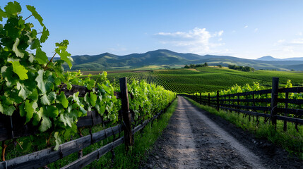 Obraz premium Sunlit Vineyard Path Among Lush Green Vines and Rolling Hills
