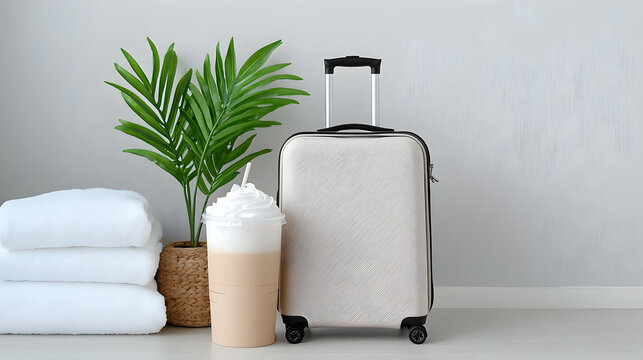 Travel Essentials: Chic Suitcase with Latte and Towels - Powered by Adobe