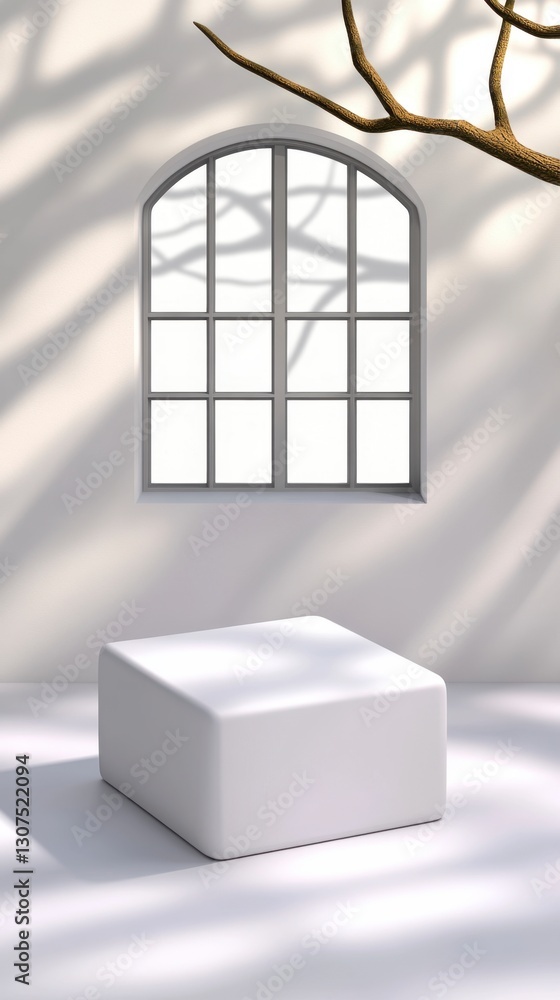 Poster white cube product display on light background, illuminated by sunlight filtering through an arched 