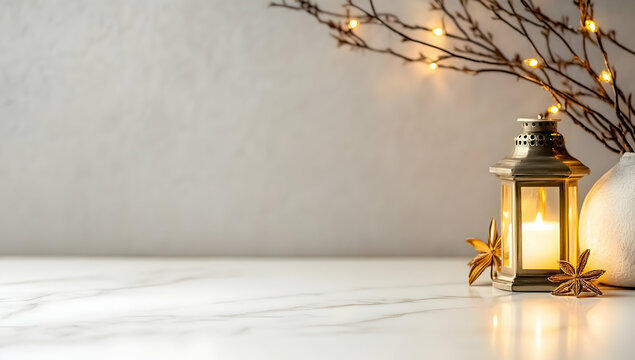 Cozy autumn scene with lit lantern, star anise, and branches with fairy lights on marble surface; perfect for seasonal greeting cards or blog headers