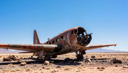 Burnt-out airplane in desert landscape under clear blue sky, abandonment
