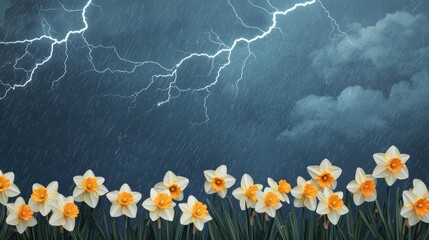 A row of yellow daffodils stands vibrant against a stormy sky filled with lightning and dark clouds, creating a dramatic contrast between beauty and nature's fury.
