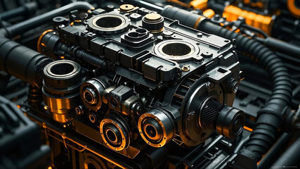 Fototapeta premium Powerful engine wallpaper background in HDR quality with detailed mechanical components. High tech, industrial design perfect for automotive, machinery, and engineering themes