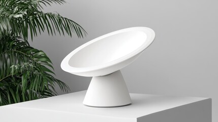 White modern lamp on a white pedestal, minimalist design, clean lines, bright lighting, indoor setting, near a green plant.
