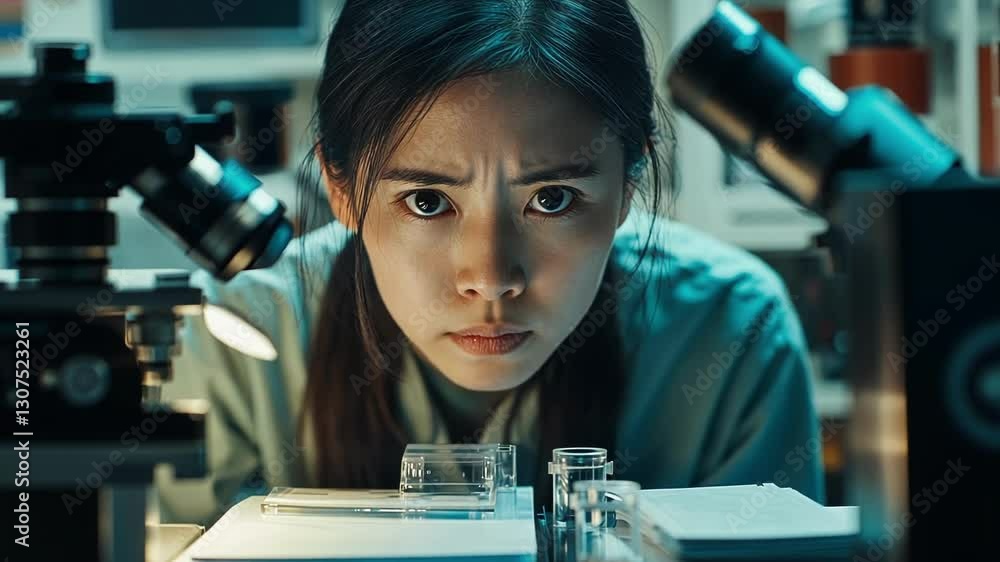 Poster focused scientist examines samples using a microscope in a laboratory setting, demonstrating dedicat