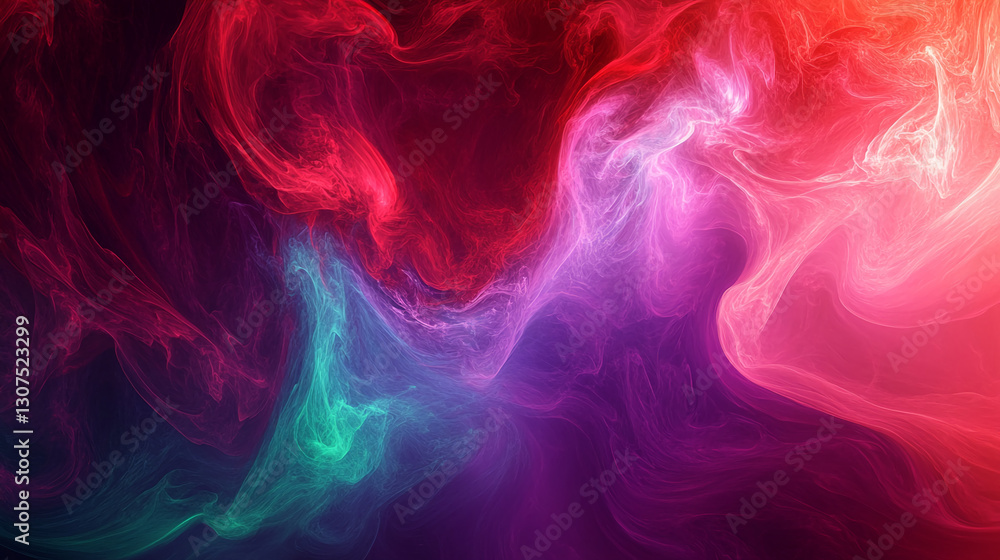 Poster abstract image of swirling red, pink, and teal smoke-like forms creating a dynamic and vibrant compo