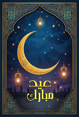 Eid Mubarak Greeting Card Vector illustration, Crescent and Lantern Template, Festive, using generative ai