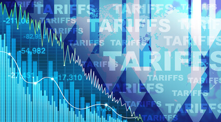 Tariffs And Stock Market Crash and economic drop or declining stock market prices due to tariff wars resulting in inflation and economic decline with higher taxes as an isolationist government policy.