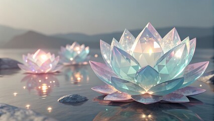 three iridescent crystal lotus flowers float on a tranquil body of water. Sunlight reflects off the flowers and creates an ethereal atmosphere 