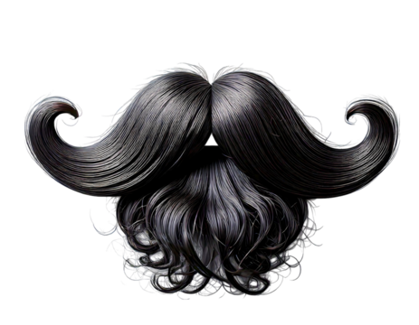 Dramatic closeup of a meticulously styled, darkhaired mustache and beard.  The swirling, textured strands create a visually striking image, perfect for fashion, beauty, or artistic projects.