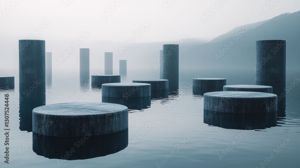 Poster cylindrical structures and water reflections create a serene and minimalist scene