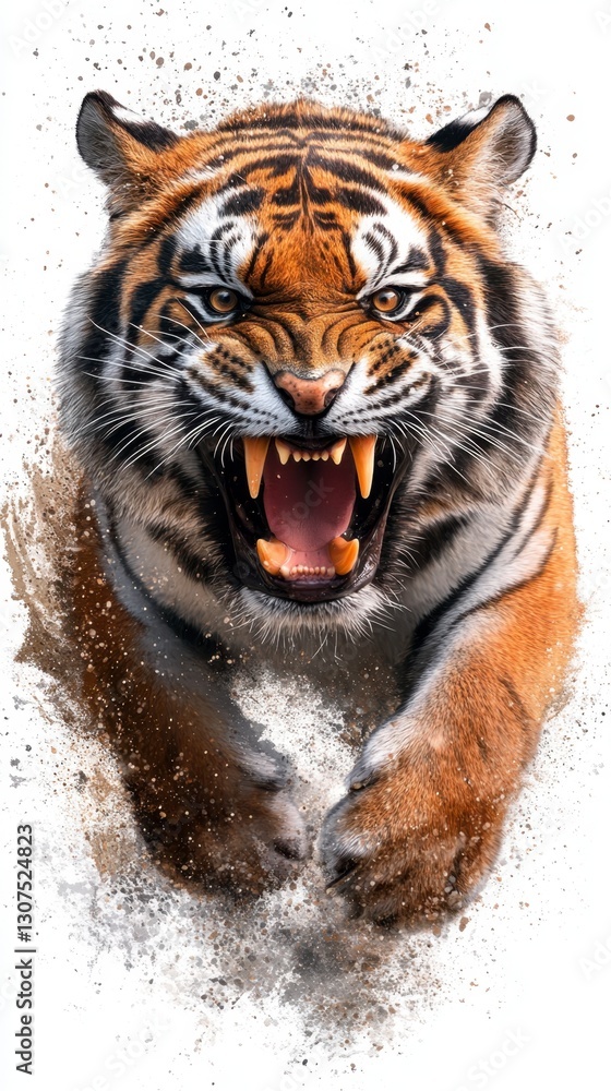 Poster close up of an orange and black tiger charging, its mouth open in a fierce roar. the background feat