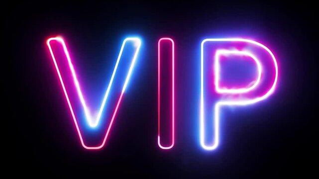 Neon letter glow of vip sign in vibrant pink and blue on black background 