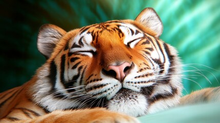 Close up of a relaxed tiger with eyes closed, lying down against a blurred green background. The tiger's orange and black stripes are prominent, and its expression is peaceful and serene.