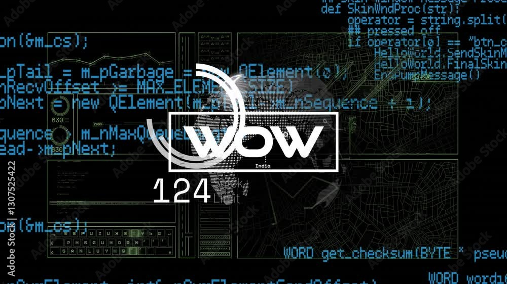 Poster animation of digital interface with coding elements and wow text on dark background