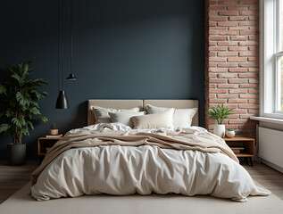 Bed with beige bedding against dark blue wall and brick wall. Scandinavian interior design of modern bedroom.