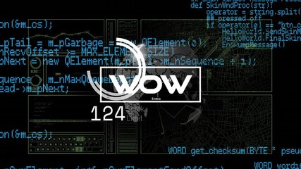 Animation of digital interface with coding elements and WOW text on dark background - Powered by Adobe