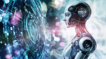 Futuristic digital art of AI robot and human merging with holographic elements