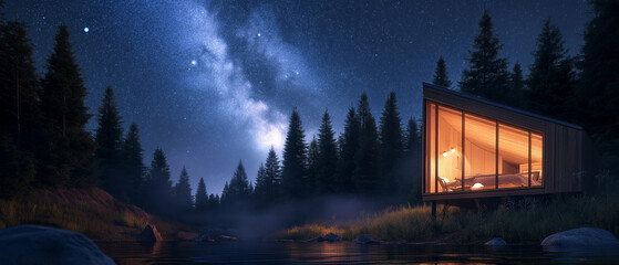 A modern cabin nested in the mountains with beautiful view, surrounded by pines. Travel concept for tourism.