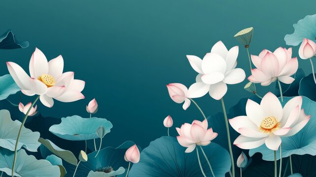 Elegant spring lotus flower wallpaper design on teal  ideal for spa, weddings, and card decor