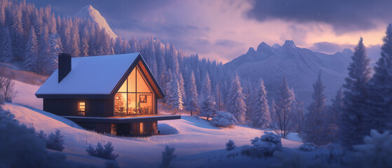Fototapeta premium A modern cabin nested in the snowy mountains with beautiful view, surrounded by pines. Travel concept for winter tourism.