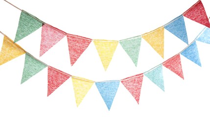 A series of multicolored triangular bunting flags strung diagonally across a clean white background, featuring vibrant shades of red, blue, yellow, and green, with realistic fabric texture and