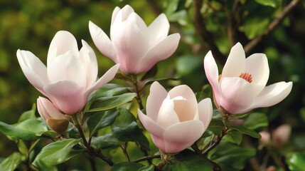 Obraz premium Four delicate pink magnolias in bloom, lush green leaves, spring garden