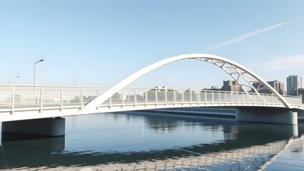 Fototapeta premium Elegant modern bridge over tranquil water, showcasing architectural beauty against a clear blue sky and city skyline. 