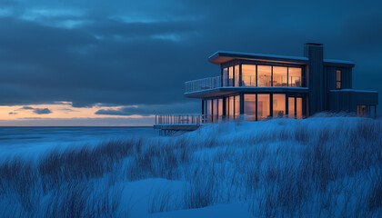 Luxury ocean view property at sunset light. Modern minimalist house at the beach.