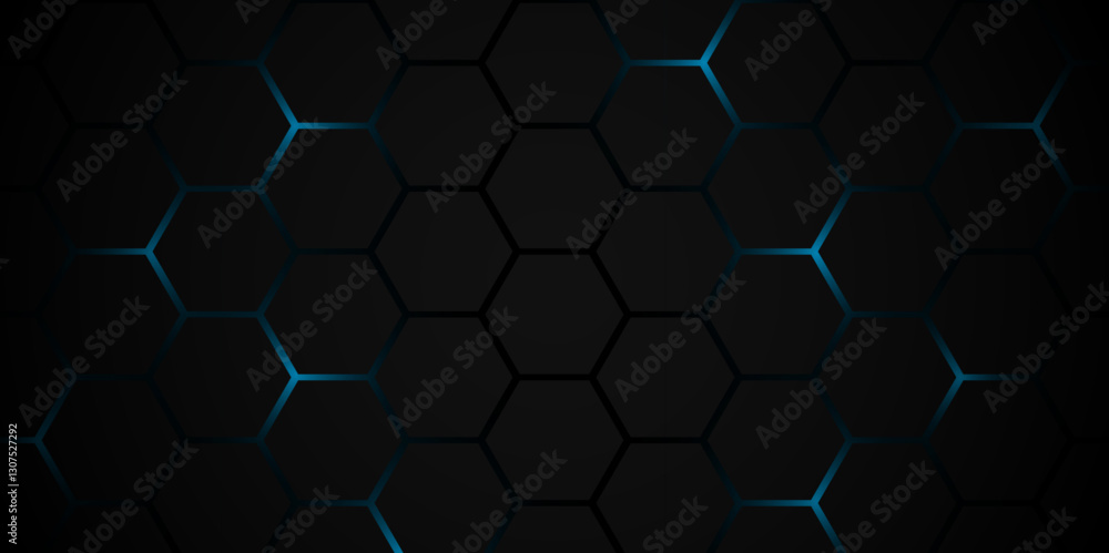 Wall mural Abstract Dark Hexagonal Pattern with Futuristic Glow. Modern Technology-Inspired Black Honeycomb Grid. Hexagon. Technology. Vector.
