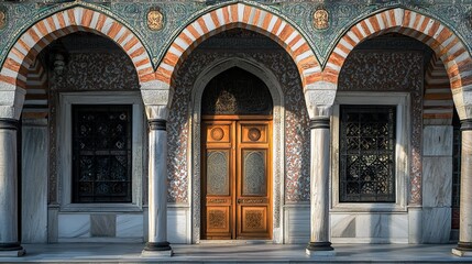 Obraz premium Public places in Istanbul showcase architectural details like doorways and arches, as well as decorative elements like moldings and patterns.