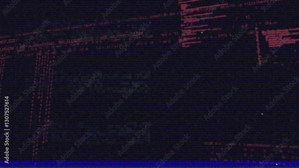 Poster animation of glitchy digital code with red and blue lines on screen background