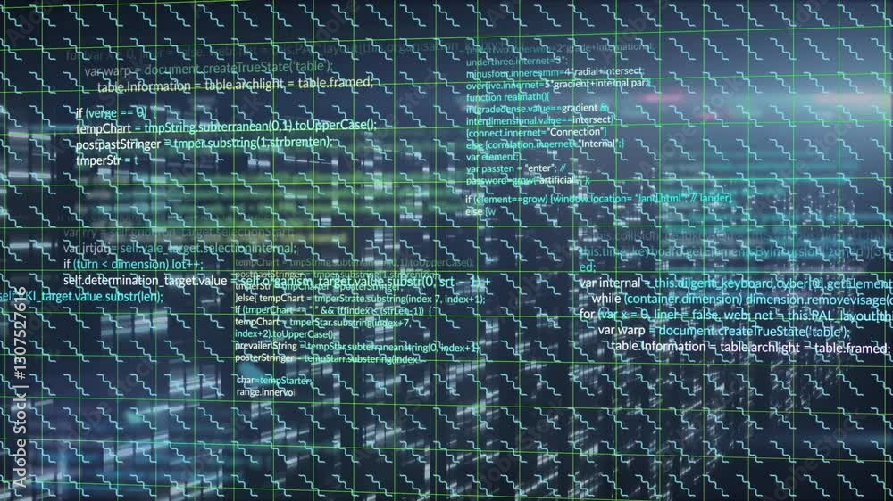 Poster digital code and data processing animation over abstract technological background