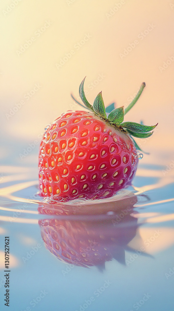Poster close-up of red strawberry floating on water, showcasing its texture and reflection. represents fres