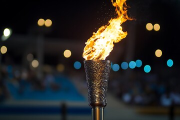 The Olympic torch flame burns brightly in the arena, symbolizing unity and athletic excellence.