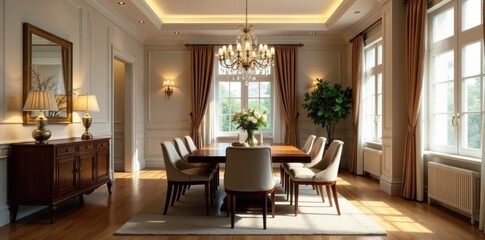 Fototapeta premium Elegant dining room, chandelier, hardwood floor, ambiance, design, classic