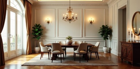 Fototapeta premium Elegant dining room, chandelier, hardwood floor, meal, farmhouse