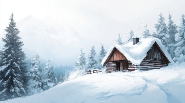 Snow-covered cabin in tranquil winter mountain landscape with pine trees