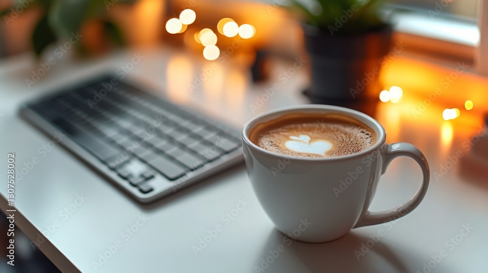 Aufkleber minimalist home workspace with coffee cup and keyboard, creating a cozy atmosphere