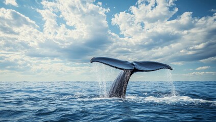 Whale tail emerging from ocean surface