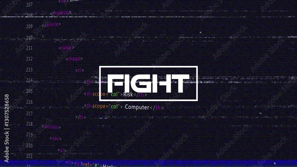 Poster animation of glitchy computer code with bold fight text overlay in school setting
