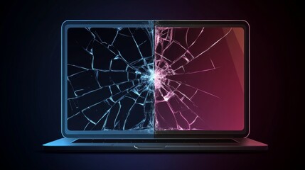 Split-screen broken laptop display with blue and red backgrounds